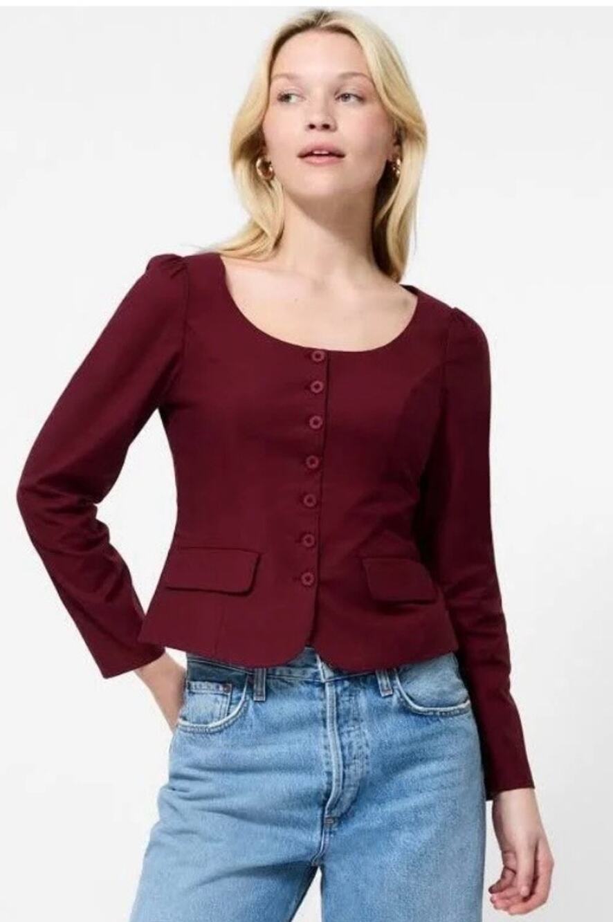 French Connection Inga Poplin Top Wine Burgundy Button Down Puffed Sleeve Sz 10